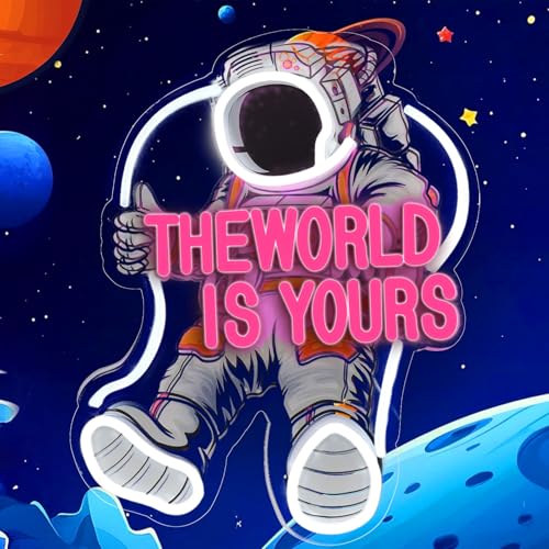 Image of The World Is Yours Neon Signs, 17 Inch Astronaut Neon Light USB Powered for Bedroom Game Room Kids Dimmable LED Word Light Plug and Play