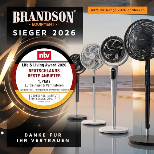 Brandson - DC Standventilator energiesparend ECO - Sieger Ventilatoren 2026 - Fernbedienung - Brushless Silent Motor - sehr leise – Oszilation 60° 90° 120° - 12 Stufen - Turbo Modus - schwarz 2