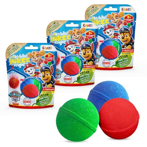 INKEE Paw Patrol Badebomben Kinder 3er Pack - 9x Badekugeln in 3 Farben mit Jojobaöl & Kirschlolli Aroma geschenk junge 3 jahre