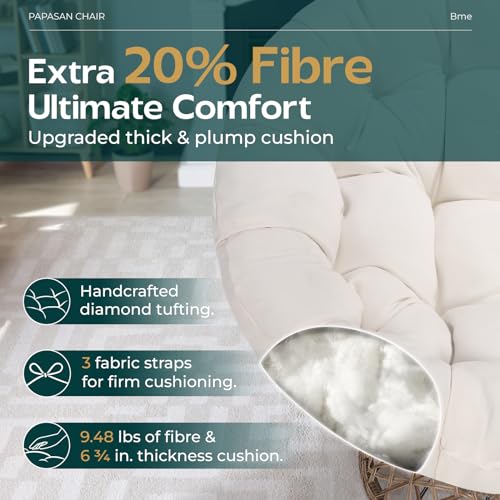 Image of Bme Ergonomic Wicker Papasan Chair with Soft Thick Density Fabric Cushion, High Capacity Steel Frame, 360 Degree Swivel for Living, Bedroom, Reading Room, Lounge, Arctic Snow - Brown Base