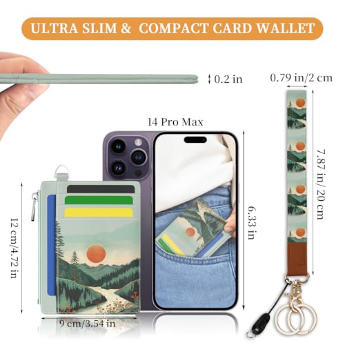 Image of Hancynir Slim Wallet Women Credit Card Holder, Mountain Tree Sunset RFID Blocking Front Pocket Wallet Wristlet Keychain Lanyard Small Cute Thin Travel Zipper Coin PU Leather Card Case Organizer Gifts