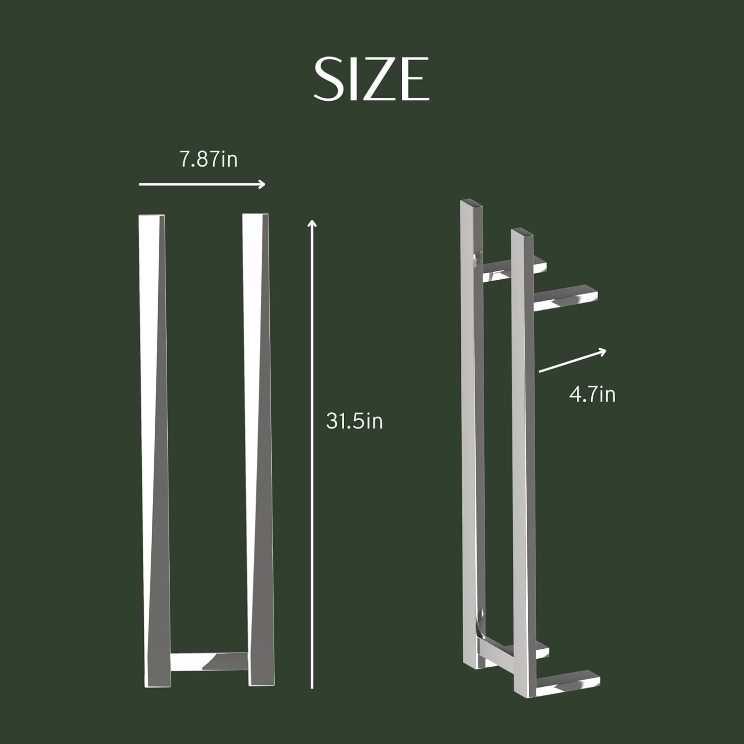 Diagram showing the dimensions of the COZYBASE Heated Towel Rack: 7.87 inches width, 31.5 inches height, 4.7 inches depth.