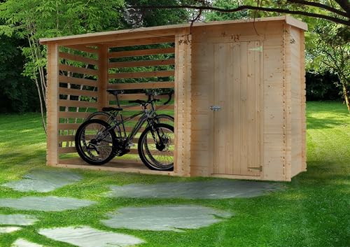 TIMBELA M205 Holz-Geräteschuppen 344x146x199 cm – Gartenhaus mit Brennholzregal, wasserfestem Dach, 3.64 m²