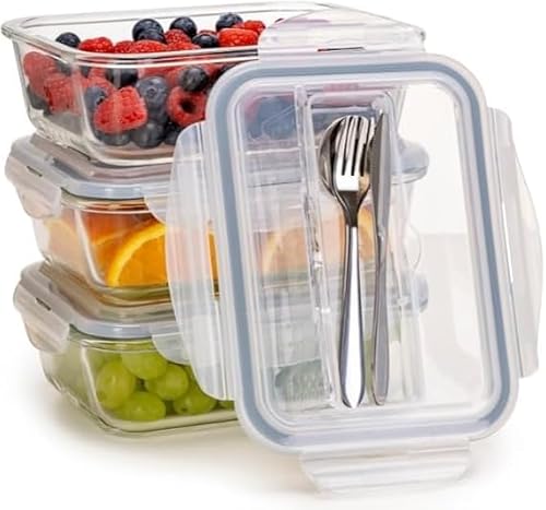 Igluu Meal Prep Glass Containers with Lids and Cutlery (3 Pack) – Airtight & BPA-Free – Oven, Microwave, Freezer and Dishwasher Safe – 1050ml – Durable Borosilicate Glass