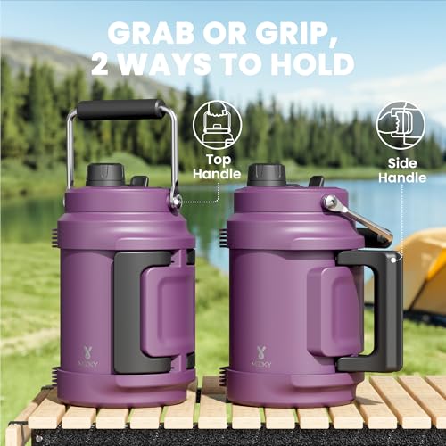 Image of 64 oz Insulated Water Bottle for Gym: Meoky Triple Wall Vacuum Stainless Steel Half Gallon Water Jug - Top and Side Handles, 2-in-1 Straw and Spout Lid, Cold for 36 Hrs, Leak Proof for Camping (Plum)