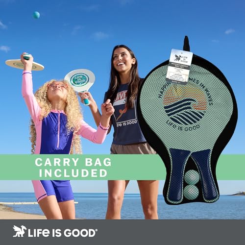 Image of Life Is Good Wooden Paddle Ball Set (Teal Tie Dye), 2 Thick Wood Paddles and 2 Balls, Classic Beach and Backyard Toss Game for Kids and Adults, Outdoor Summer Lawn and Park Activity