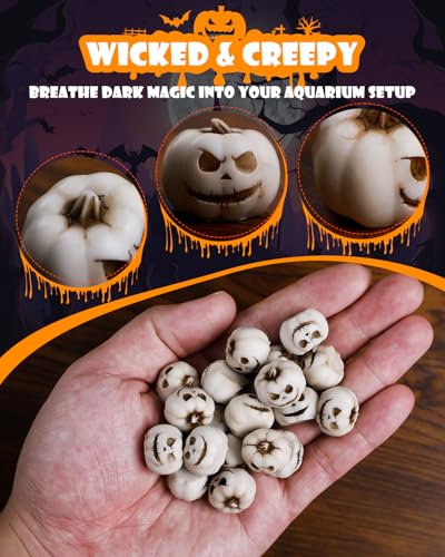 Image of Uniclife 20 Pcs Halloween Mini Pumpkin Decorations, Halloween Fish Tank Decor, Spooky Smiling Face Mini Pumpkins, Jack-O'-Lantern Miniature Vase Fillers, White Resin Artificial Figurines
