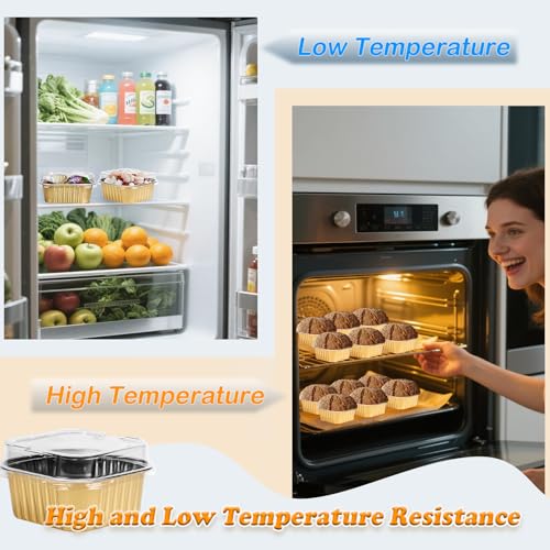 50 Pcs Mini Square Baking Cups with Lids,5oz Aluminum Foil Mini Cake Pans with Lids,Disposable Ramekins Cake Pans,150ml Dessert Cups Cupcake Pans for Wedding Birthday Party,Gold