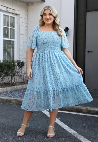 Image of Keluummi Plus Size Wedding Guest Maxi Dresses for Curvy Women, Summer Casual Boho Floral Smocked Empire Waist A Line Sundress