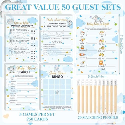Image of Patelai 321 Pcs Elephant Baby Shower Decorations Blue It's a Boy Baby Shower Games 5 Set Don't Say Pencils Clothespins Sign Serve 50 Guests for Blue Elephant Gender Reveal Birthday Party Supplies