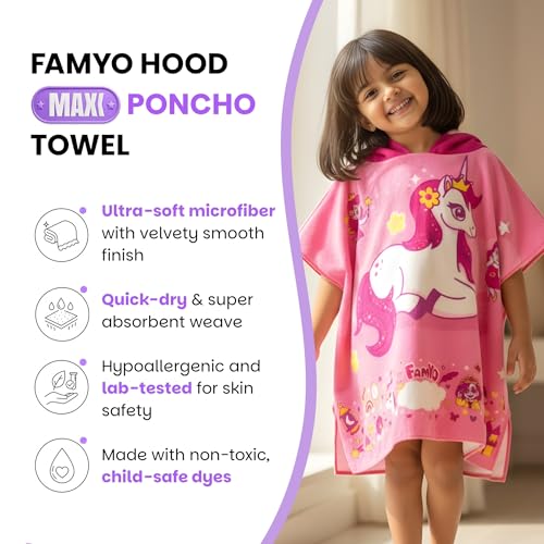 Image of Famyo Hood Maxx Poncho Towel For Kids 1-7 Years| Quick Dry Kids Towel| Soft Lightweight Baby Wrap for Beach | 60 X 60Cm Toddler Pool Towel For Boys & Girls | Micro-Fiber Bath Towels |June The Unicorn