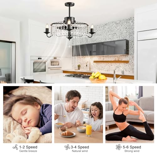 Image of Garwarm 20 inch Ceiling Fan with Lights and Remote, Black Crystal Fandelier | Bladeless Ceiling Fan 6-Speed Reversible DC Motor with APP, Low Profile Chandelier Fan for Bedroom, Kitchen, Dining Room