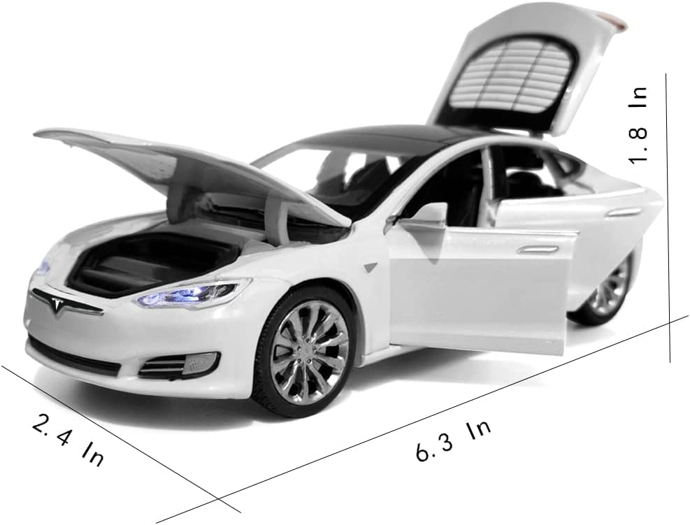 Image of DEOXY 1:32 Scale Tesla Model S Die-Cast Toy Car - White Electric Car Model with Openable Doors, Hood & Trunk, Pull Back Action, Light & Sound Effects - Metal Body for Kids (White)