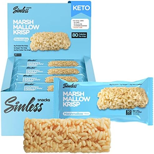 Sinless Snacks Marsh Mallow Krisp, Delicious Gluten Free Snacks, Marshmallow Keto Cereal Bars, Soft and Chewy Perfect Keto Snacks, Low Sugar Snack, Only 1g Sugar, 9g Protein, 2g Net-Carbs, 8 Pack