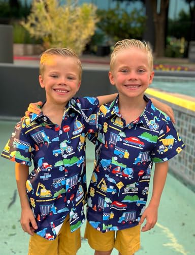 Enlifety 3T 4T Boys Truck Excavator Print Shirts Toddler Hawaiian Dress Shirt Short Sleeve Button Down Navy Blouse For Casual Beach School thumb #1