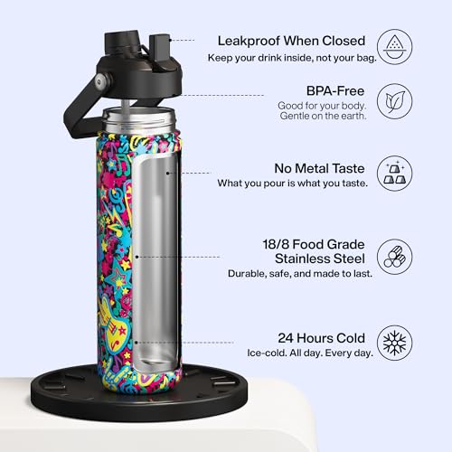 Image of ENCOOL Insulated Water Bottle with Straw Stainless Steel Water Bottle, Leak-Proof, BPA-Free, Double Wall Vacuum Keeps Cold for 24 Hours for Sports, Travel, School (26 oz, Graffiti Crown)