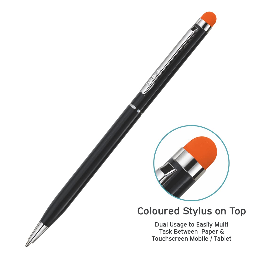 Hauser Duet Stylus Kugelschreiber mit Metallgehäuse, Drehmechanismus, doppelter Verwendungszweck zum Multitasken zwischen Papier und Touchscreen-Handy/Tablet, gefüllt mit Cardinal-Mine, blaue Tinte, 3