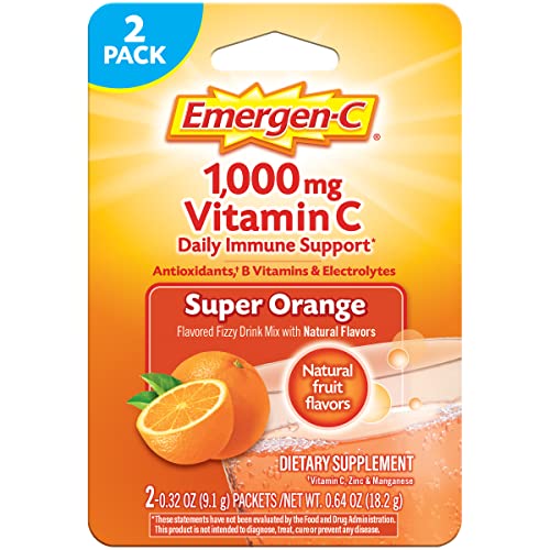 Emergen-C 1000mg Vitamin C Powder for Daily Immune Support Caffeine Free Vitamin C Supplements with Zinc and Manganese, B Vitamins and Electrolytes, Super Orange Flavor – 2 Count
