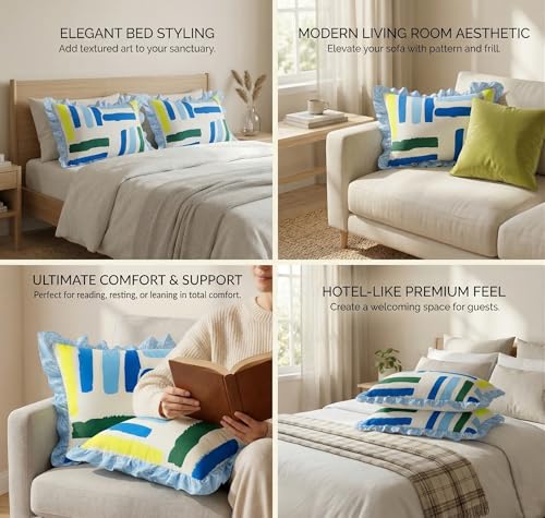 Image of VAS COLLECTIONS Cotton Pillow Covers Set of 2 (18x28 Inch) Rectangular Throw Pillow Cases with Frill Border, Envelope Closure Cushion Covers for Living Room, Bedroom & Diwan (Modern Coastal)