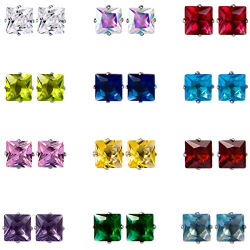 12 Pairs Stainless Steel Stud Earrings For Women, Princess Cut Square Cubic Zirconia Stud Earrings, Birthstone Earrings Stud Set 3Mm #TOP6
