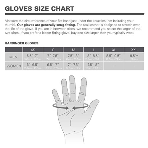 Harbinger BioForm Non-Wristwrap Weightlifting Glove size chart