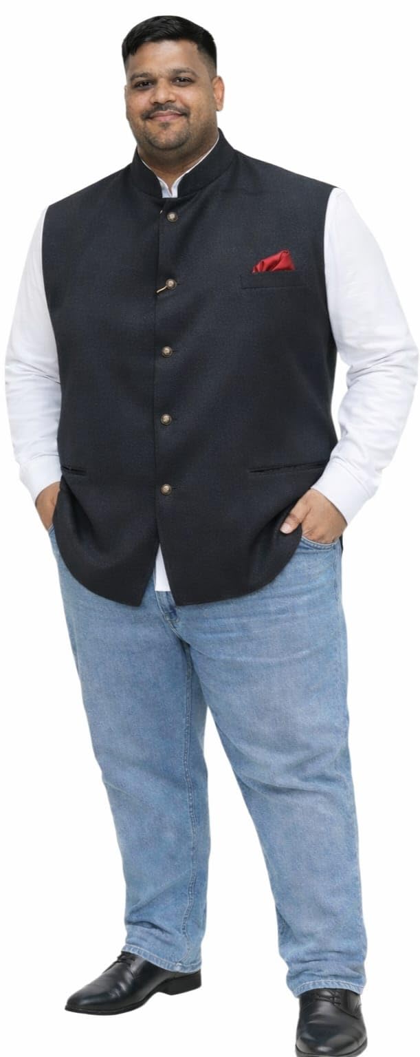 ifox lifestyle Plus Size Men's Black Nehru Jacket, Silk Blend Traditional Ethnic Waistcoat for Wedding Party-picture-32