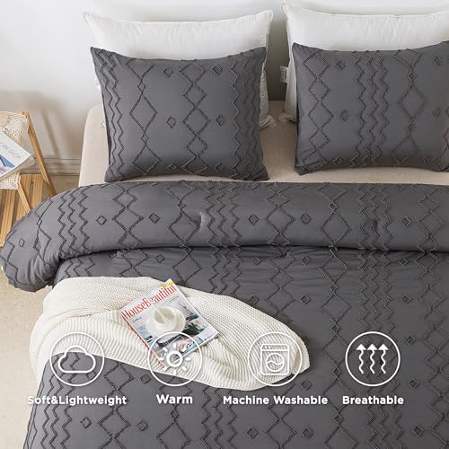Image of Andency Dark Gray Tufted Comforter Set Full(79x90Inch), 3 Pieces(1 Tufts Comforter, 2 Pillowcases) Boho Textured Farmhouse Bed, Down Alternative Geometric Bedding Set