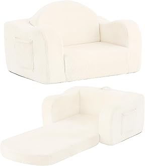 Tiita Kids Chairs for Toddler, 2-in-1 Toddler Soft Sherpa Couch Fold Out, Convertible Sofa to Lounger for Girls and Boys, Beige