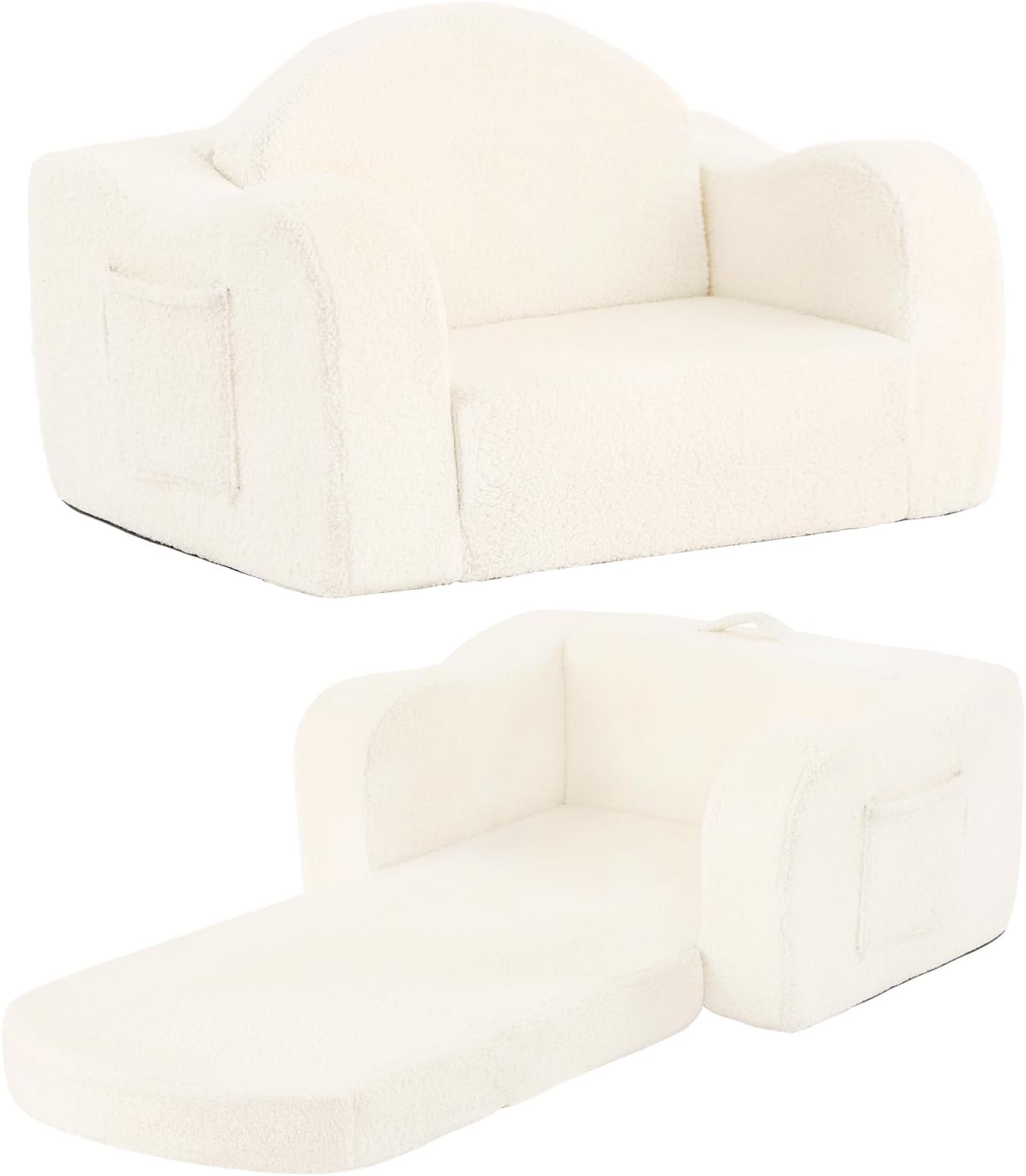 Tiita Kids Chairs for Toddler, 2-in-1 Toddler Soft Sherpa Couch Fold Out, Convertible Sofa to Lounger for Girls and Boys, Beige