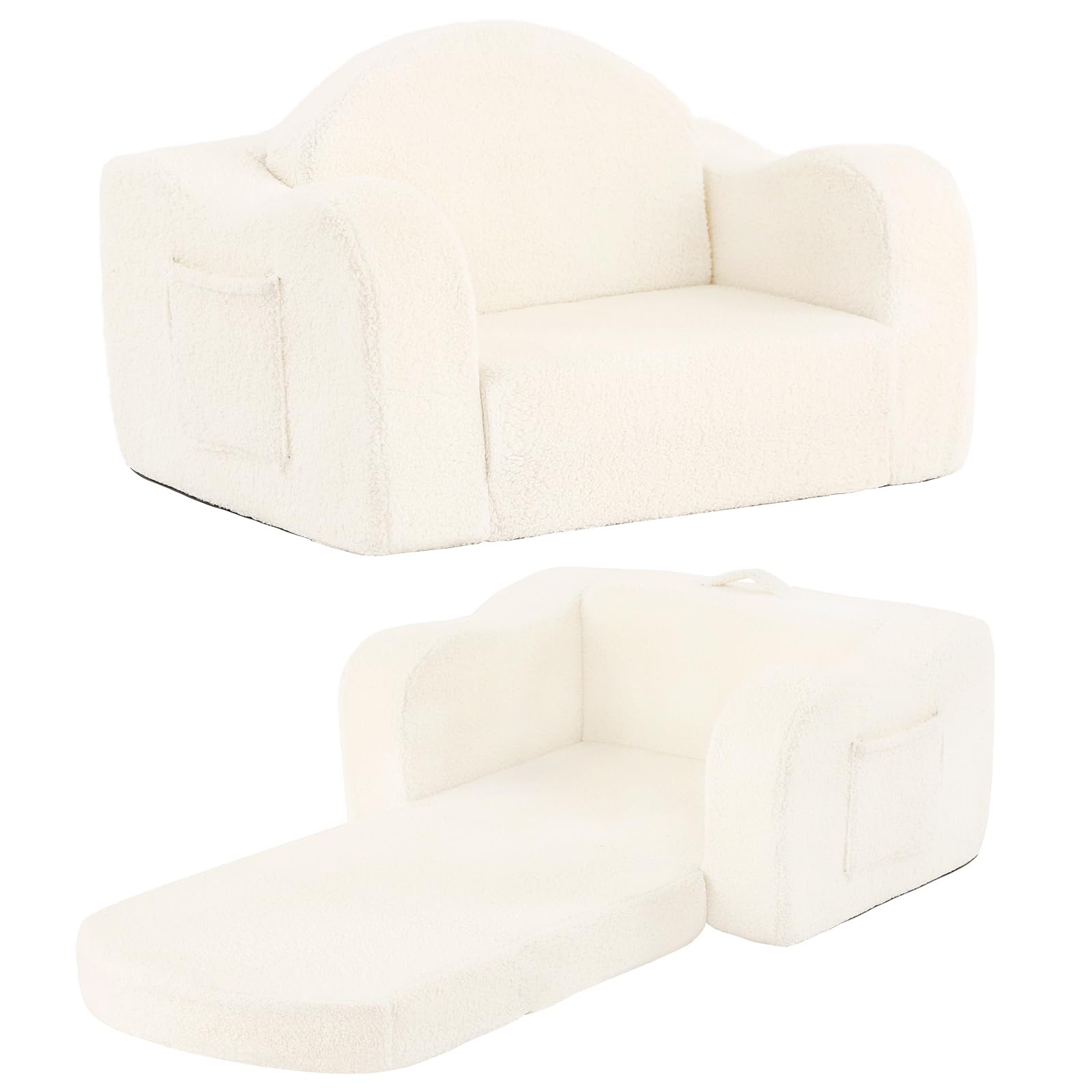 Tiita Kids Chairs for Toddler, 2-in-1 Toddler Soft Sherpa Couch Fold Out, Convertible Sofa to Lounger for Girls and Boys, Beige