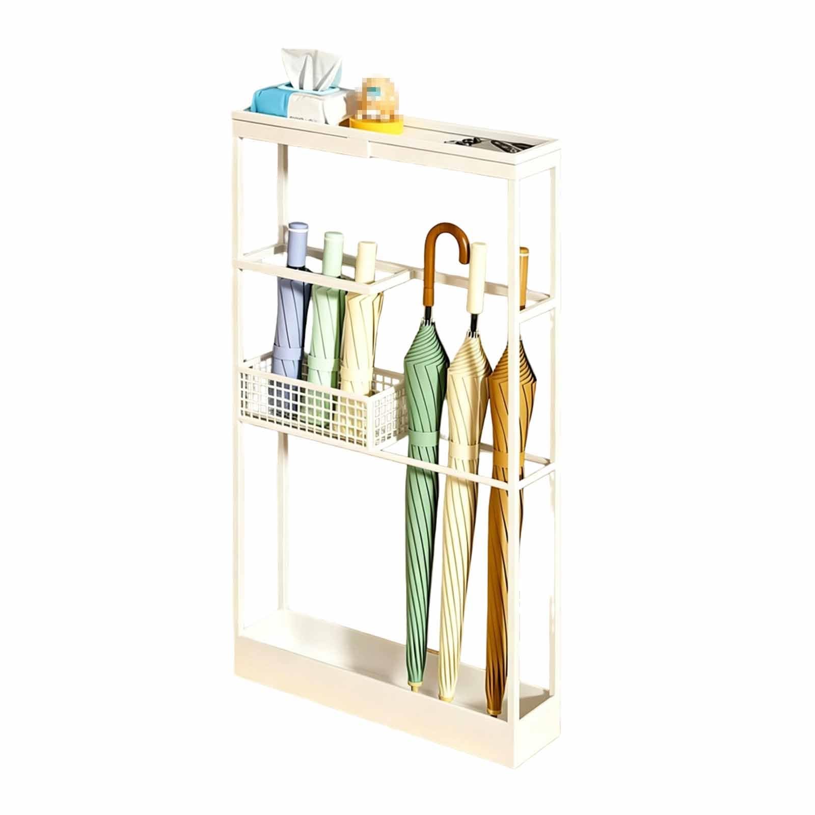 Asiwnshw Metal Umbrella Stand Rack, Umbrellas Canes Equipped with Water Tray, Free Standing Umbrella Holder Bin for Entryway, Home, Office (40 * 9 * 68cm)(White)