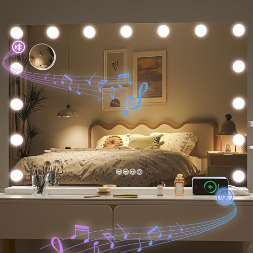 Hasipu Hollywood Vanity Mirror with Lights and Bluetooth Speaker 32 x 22 Makeup Mirror with 15 Dimmable LED Bulbs 3 Color Modes 5X Magnifying Glass Touch Control USB and Type-C Tempered Glass