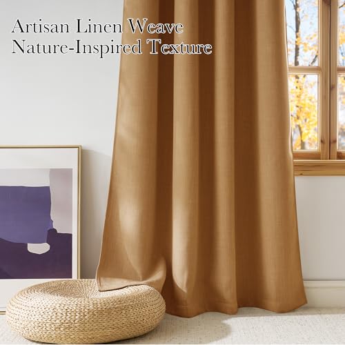 Image of NICETOWN Short Faux Linen Gold Brown Blackout Curtains 63 inches Long for Kitchen - Privacy Panels for Living Room Bedroom, Modern Farmhouse Style Easy Care Grommet Top, 2 Panels, W42 by L63