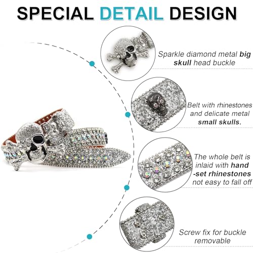 Rhinestone Skull Genuine Leather Belt, Punk Y2K Style, Unisex2