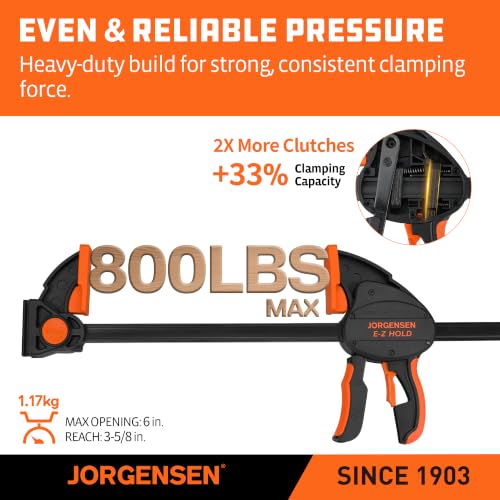 Image of Jorgensen E-Z Hold 2-Pack 6 inch 800LBS Heavy Duty Woodworking Bar Clamps | Expandable Clamp /Spreader, One Handed, Quick Release F Clamps, Trigger Clamp, Non-marring Pads, for Glue-ups & Framing