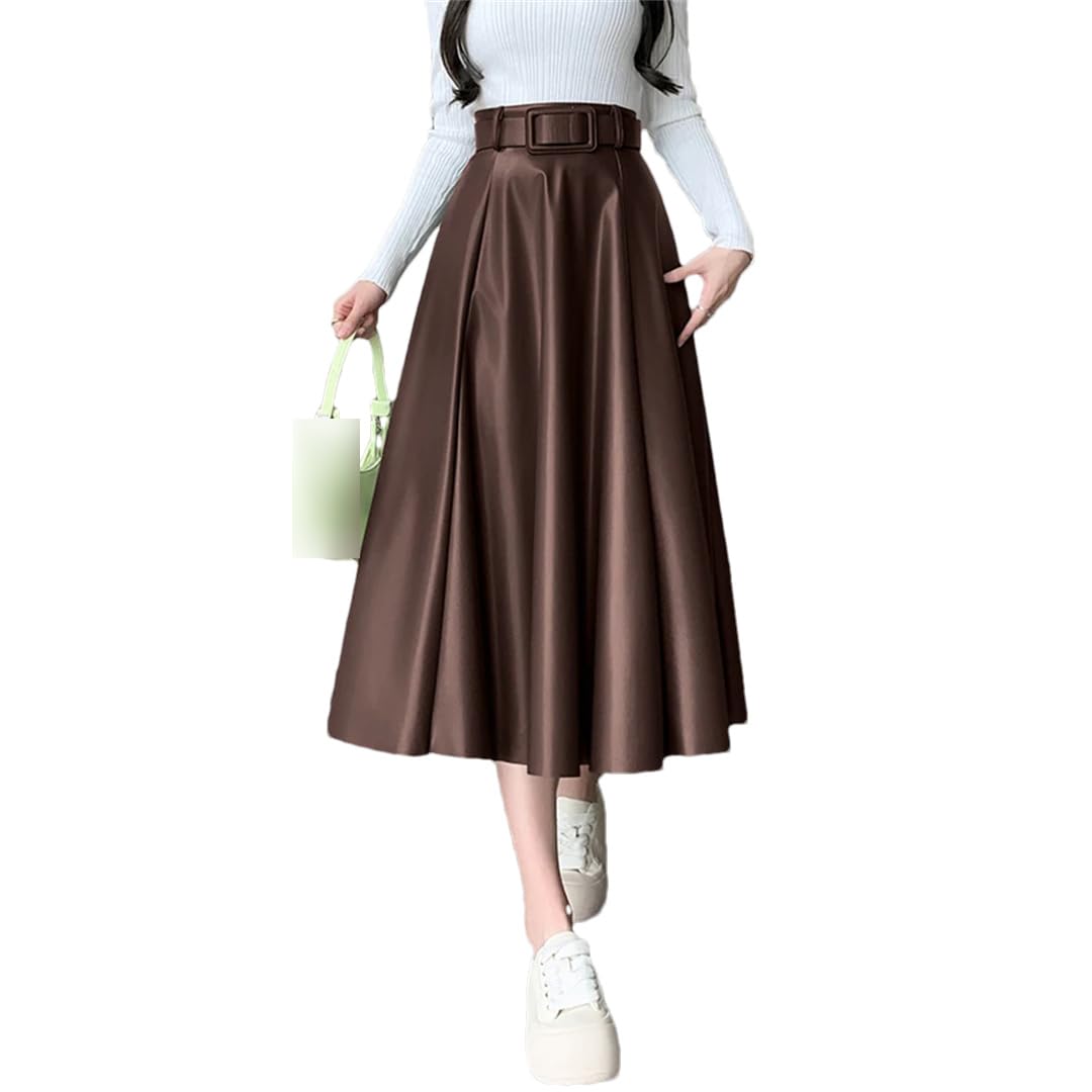 Otoño Invierno Faux PU Cuero Mujer Paraguas Falda Cintura Alta Sólido Elegante A-Line Faldas