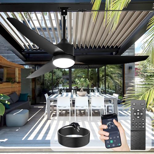 Ventilador de techo para exteriores con luz: Ventilador colgante negro de 52" para cenador Impermeable - Ventiladores enchufables para exteriores para patio, porche y pérgola con mando a distancia APP