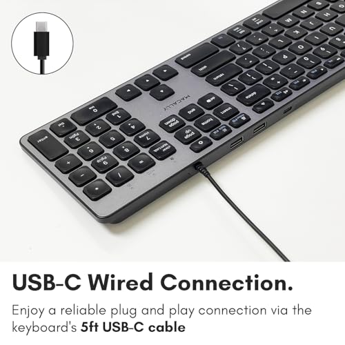 Macally Premium Wired USB C Keyboard with USB Ports (2X USB-A |1x USB-C Ports) - Wired Keyboard for Mac Mini/Pro, iMac, MacBook, iPad, and PC - Full Size Type C Connection