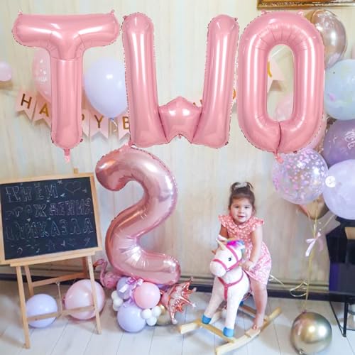 Image of 40 Inch Pastel Pink TWO Letter Balloons, Light Pink TWO Balloon Letters with Ribbon, Pearl Pink Alphabet TWO Balloon for Kid Girls 2 Year Old Birthday Second 2nd Anniversary Party Decorations