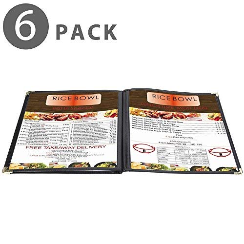 FlexzionMenu Covers 8.5 x 11 Inch - Book Style Menu Holders for Restaurant, Hotel, Cafe, Bar & Pubs - Transparent Clear Menu Covers with 3 Page 6 View, (6 Packs) Menu Folders with Gold Metal Corner