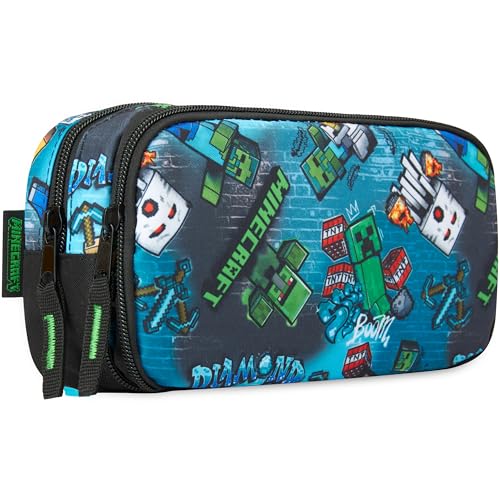 Get Trend Minecraft Trousse Scolaire Garcon avec Compartiments, Sécurisée Fermeture Eclair et Pot a Crayon Boucles Portable Trousse Ecole (Bleu/Multi...