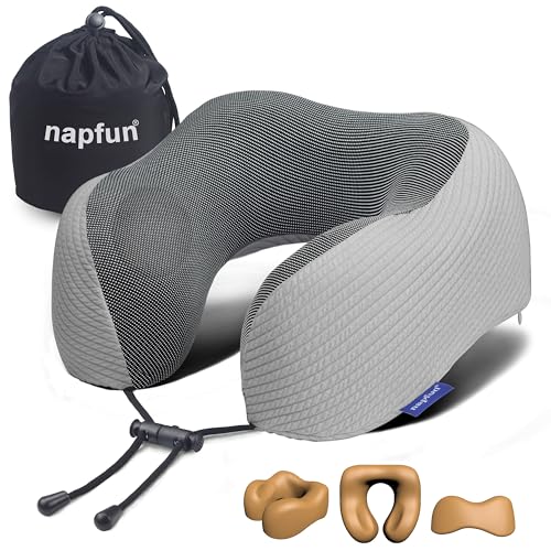 Image of napfun Neck Pillow for Traveling, Upgraded Travel Neck Pillow for Airplane 100% Pure Memory Foam Travel Pillow for Flight Headrest Sleep, Portable Plane Accessories, Mist Gray