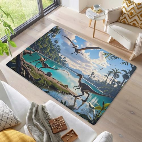 LOMDEM Alfombra Habitación Infantil, Dinosaurio De Jungla Lagos 3D Alfombra para Dormitorio Niño, Sala De Juegos, Sala De Estar, Alfombras De Baño Franela Suave Antideslizante (Color 3,140x180 cm)