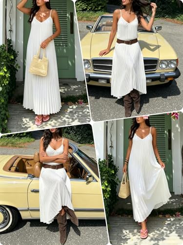 Image of Women's Summer Casual V Neck Sleeveless Strappy Pleated Flowy Loose Maxi Long Beach Dress