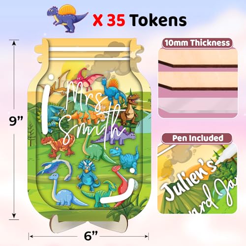 Image of 9 inch DIY Name 35 Tokens School Magnetic Reward Jar Gifts for Classroom Teacher Kids Potty Training Chore Chart Toddler Good Behavior Management Tools Back to School RWJ-03-DINO-M