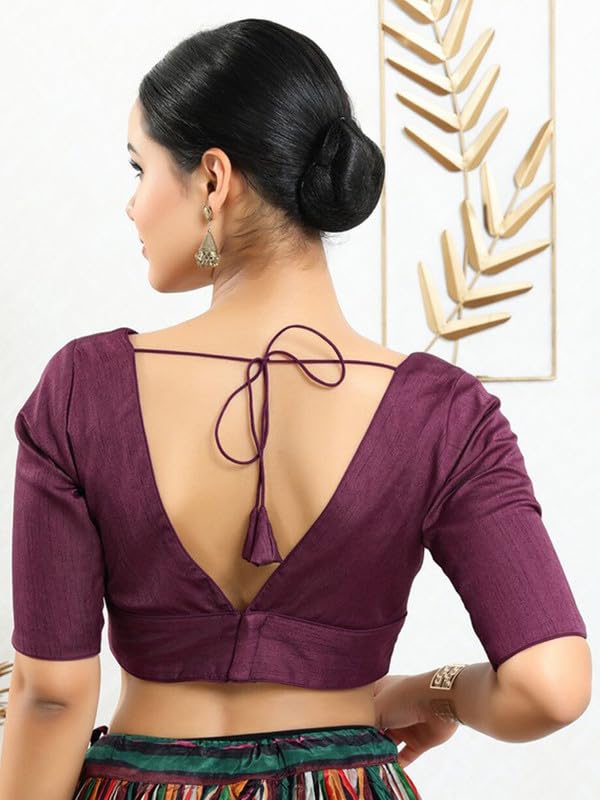 Image of Dupion Silk Solid Non Padded Saree Blouse Top V-Neck Short Sleeves Hook and Eye Closure and Tie-Up Back Choli