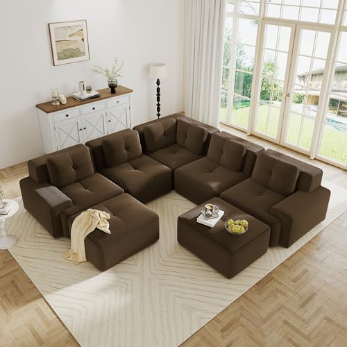 Image of 116.1 inch Modular Sectional Boneless Sofa with 5-Seater, V-Shaped Corner Deep Seat Sofa for Living Room, Big Comfy Cloud Couch with 2 Movable Ottomans, Corduroy Fabric, No Assembly, Brown