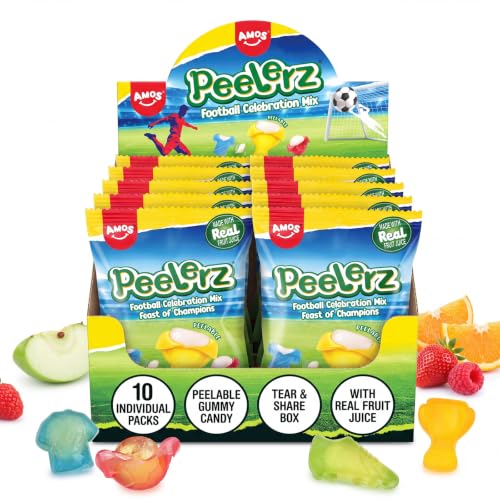 AMOS Peelerz Football Shaped Peelable Gummy Candy, 4 Assorted Fruit Flavors Individually Wrapped Novelty Snack, 240g Total Pack