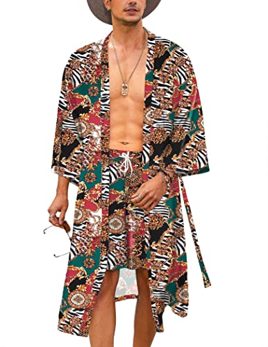COOFANDY Men Lightweight 2 Piece Kimono Robe with Shorts Japanese Robes Casual Open Front Long Cardigan With Belt