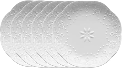 Sizikato Plato de aperitivo en forma de flor de porcelana blanca, plato de salsa de cerámica en relieve de encaje de 3.6 pulgadas